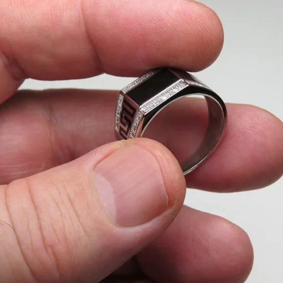 *925 Sterling Silver Diamond & Onyx Men's Ring